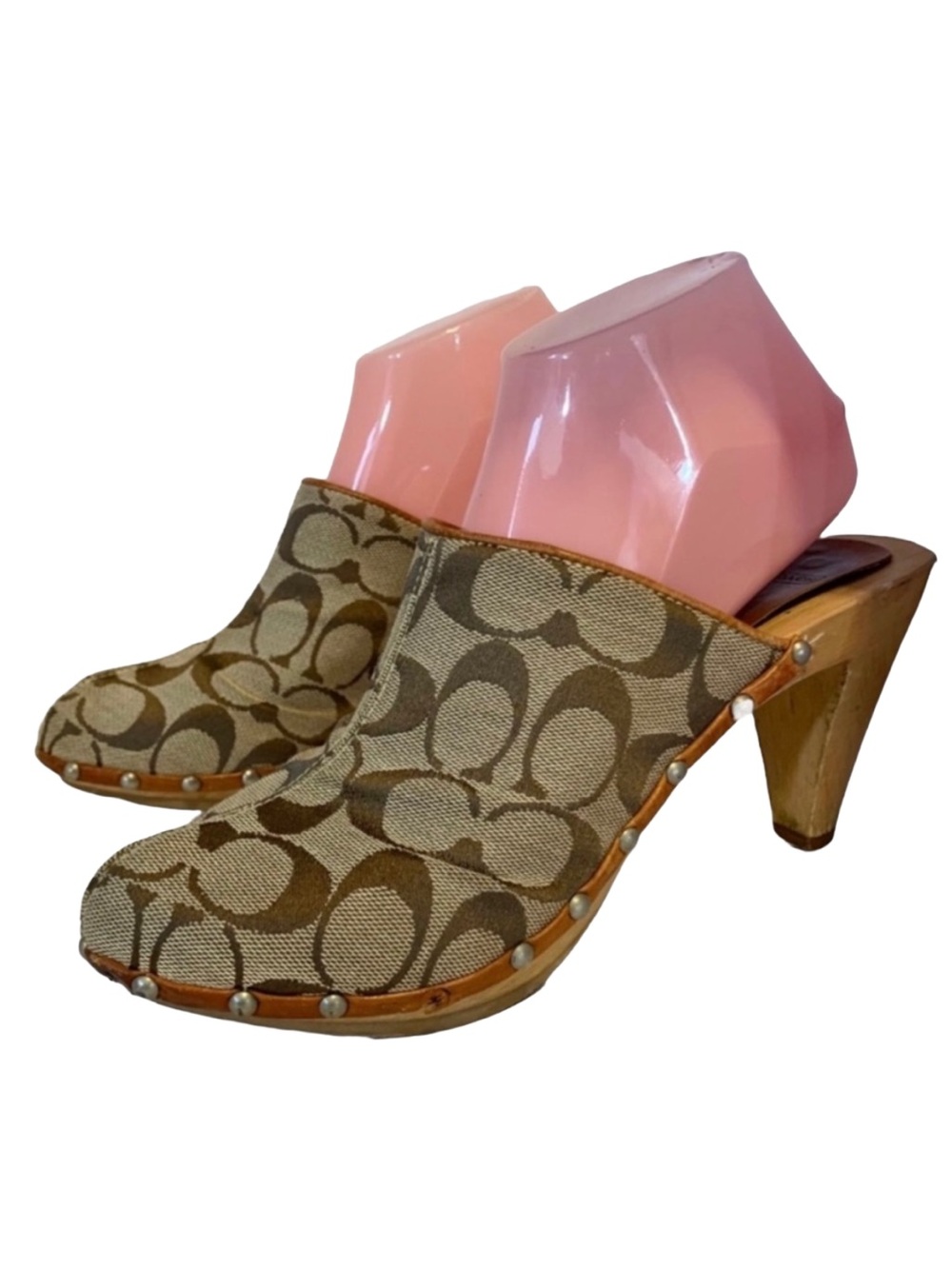 VINTAGE COACH BROWN CLOTH SIGNATURE PRINT CLOG HEEL MULES "FELICITY" (8)